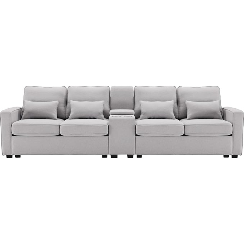 Kaasaegne 4-kohaline linasest riidest diivan koos konsooliga 2 tassihoidjaga koos kaabli käetugede taskute ja 4 padjaga Lihtne diivan elutuppa korterisse kontorisse (helehall)