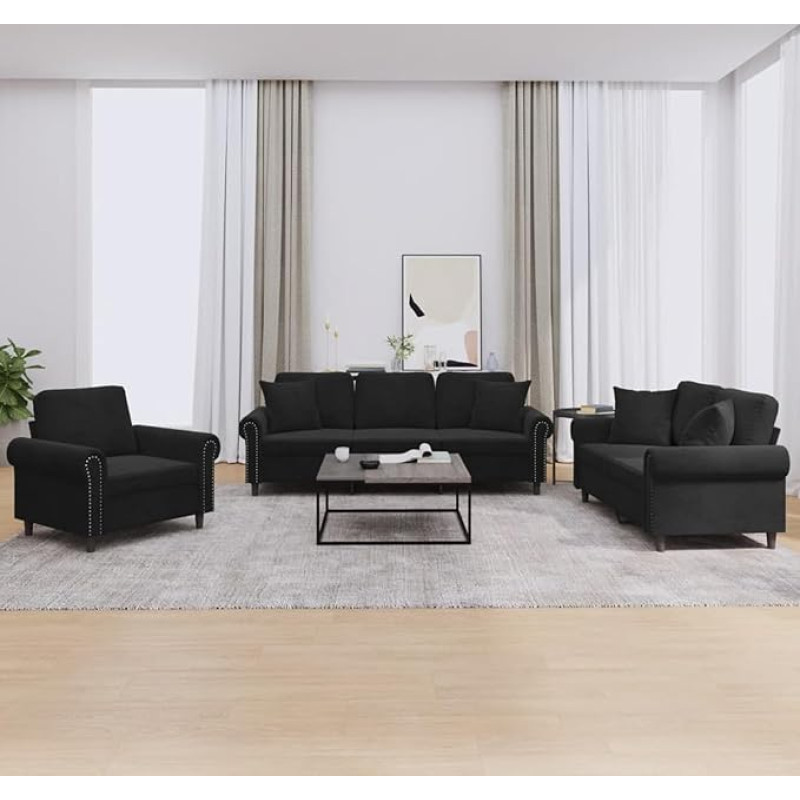Schwarz Samt 3-teilig Ecksofagarnitur mit 4 Kissen - Bequem & Stabil Model3202195