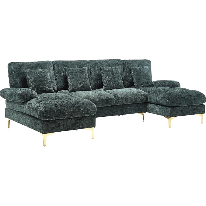 U-förmiges Chenille-Sofa mit doppelter Liegefläche für Wohnzimmer, Schlafzimmer, Büro, Wohnung, Wohnzimmer in Einer Villa, Kaminseite (Smaragd)