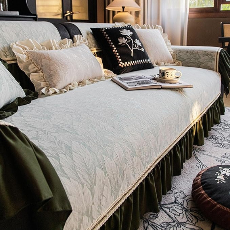 JHOMHF Elegantne kriimustuskindel diivanikate prantsuse vintage stiilis, libisemisvastane diivanikate šenillkangast koos seelikuga, pestav mööbli kaitsev tekk (roheline, 110 x 240 cm / 43.3 x 94.5