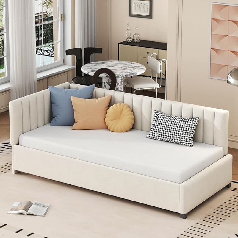 Luxeza polsterdatud voodi Diivanvoodi 90 x 200 cm Multifunktsionaalne voodi lamelliraamiga Nahasõbralik sametkangas (beež) (ilma madratsita)