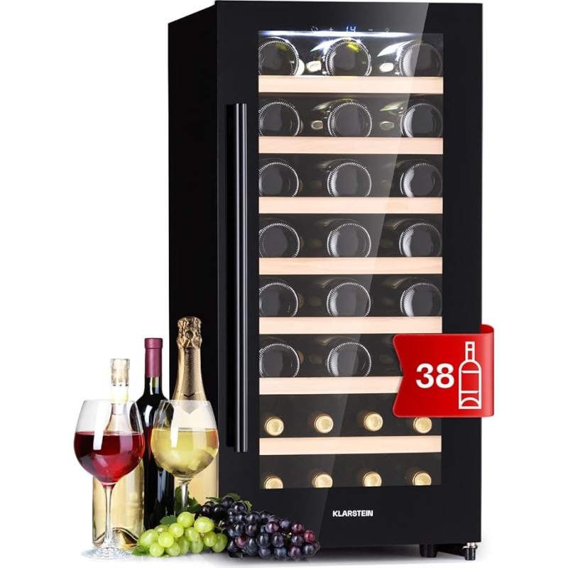 Klarstein Wine Fridge, Freestanding Small Drinks Fridge, Slim 1-Zone Wine Refrigerator with Glass Door, Indoor/Outdoor Beersafe, Fridge Small with UV Protection, 5-18 °C, 38 Bottles