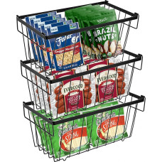 CnosDB Pack of 3 Freezer Baskets, Metal Freezer Organiser, Stackable Wire Baskets with Handle and Non-Slip Base, Wire Basket, Black, for Refrigerator, Cupboard, Kitchen, 37.3 x 17.6 x 15.2 cm