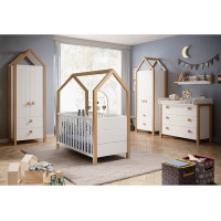 Lomadox Baby Room Complete Set Baby Bed Bed Lying Surface 70 x 140 cm Changing Table Wall Board 2 Shelves House Look Partially Solid Pine White Birch