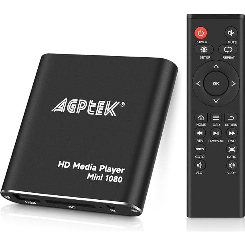 AGPTEK Mini 1080P Full HD digitaalne meediapleier koos kaugjuhtimispuldiga MP3, WMA, OGG, AAC, FLAC, APE, AC3, DTS, ATRA jaoks - toetab HDMI CVBS ja YPbPr videoväljundit (must)