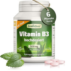 B3-vitamiin (koos Flush'iga!), ekstra kõrge annus, 500 mg - 180 tabletti, vegan. Niatsiin - energia tasakaalu, tasakaalu ja elujõulisuse jaoks. Ilma kunstlike lisanditeta - laboratoorselt testitud Greenfoodist.