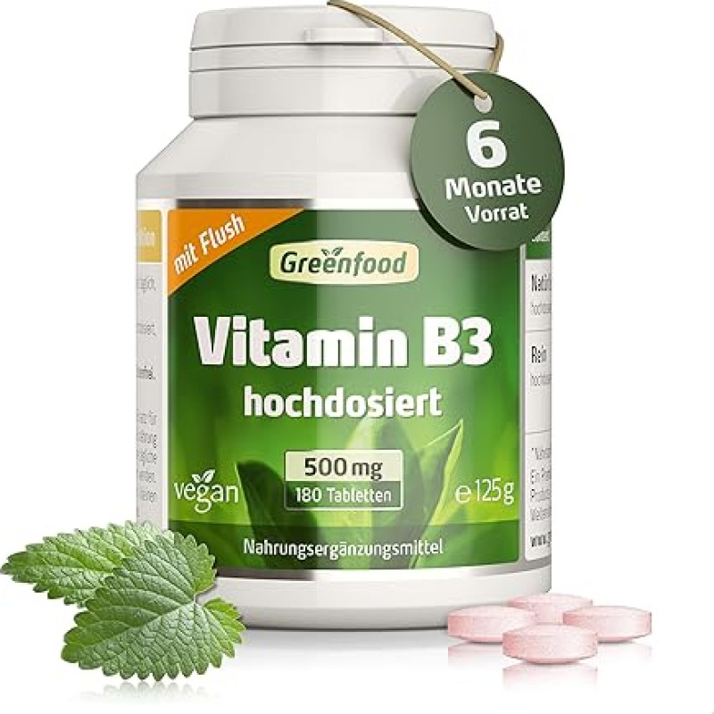 B3-vitamiin (koos Flush'iga!), ekstra kõrge annus, 500 mg - 180 tabletti, vegan. Niatsiin - energia tasakaalu, tasakaalu ja elujõulisuse jaoks. Ilma kunstlike lisanditeta - laboratoorselt testitud Greenfoodist.