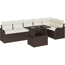 Rantry 7-Teiliges Garten Sofa Set mit Kissen Braun Poly Rattan, 2-Sitzer Garten Sofa mit Kissen Braun Poly Rattan Gartenlounge Model3348474