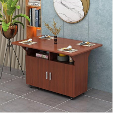 Pikendatav söögilaud ratastega ja hoiuruumiga Kokkupandav käsitöölaud väikestele köökidele Pähklipuu viimistlusega 80x70cm ruumi säästev lahendus