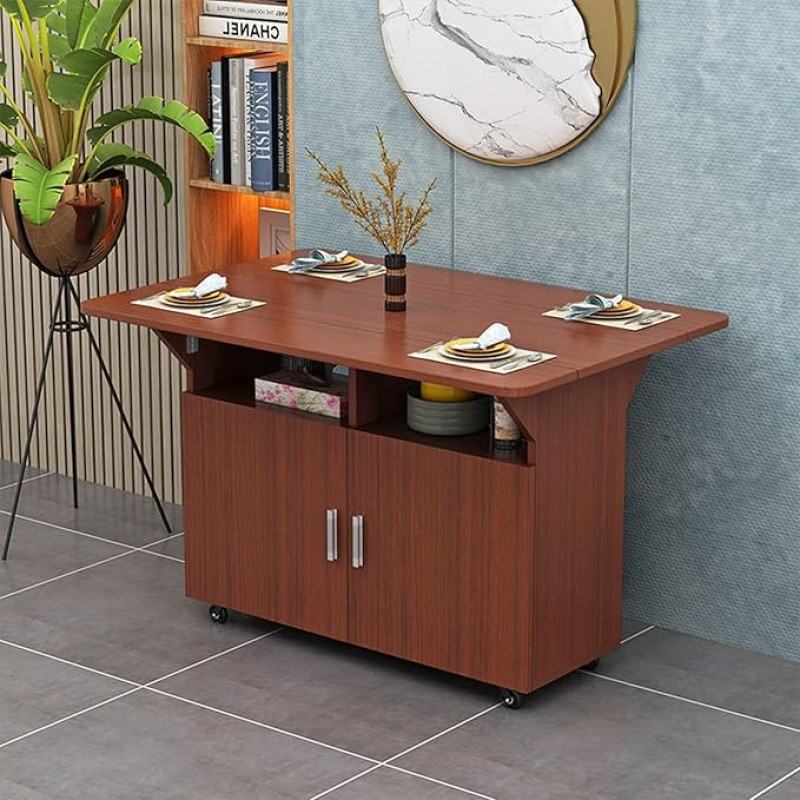 Pikendatav söögilaud ratastega ja hoiuruumiga Kokkupandav käsitöölaud väikestele köökidele Pähklipuu viimistlusega 80x70cm ruumi säästev lahendus