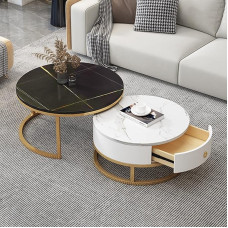 Multifunktsionaalne 2-kohvilaud sahtli hoiuga, kiltkivimarmorist tekstuuriga ja metallraamiga, sobib ideaalselt elutuppa ja magamistuppa.