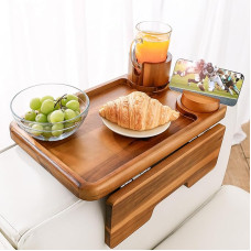 Holana Akaatsia puidust diivan Cup Holder Suur diivanikäetugi Double Hinge Diivan Arm Tray Table Clip 3 in 1 Coucharm koos telefoni hoidjaga Puidust külgmised lauad söömiseks ja joomiseks