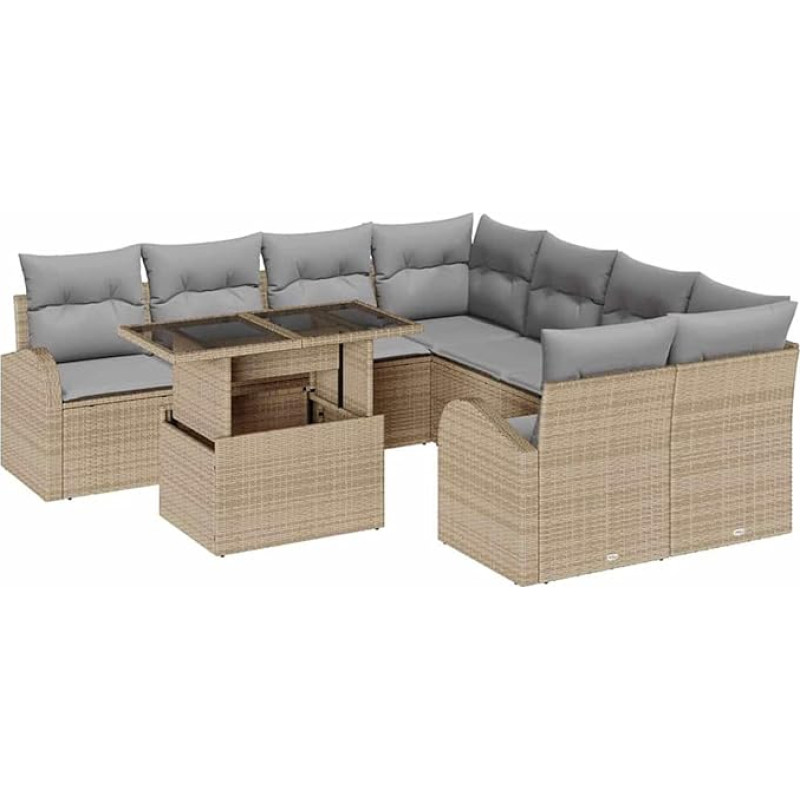 Rantry 9-teiliges Gartensofa-Set mit Kissen Beige Poly Rattan, 2-Sitzer Gartensofa mit Stauraum & Kissen Beige Poly Rattan Gartenlounge Model3357353