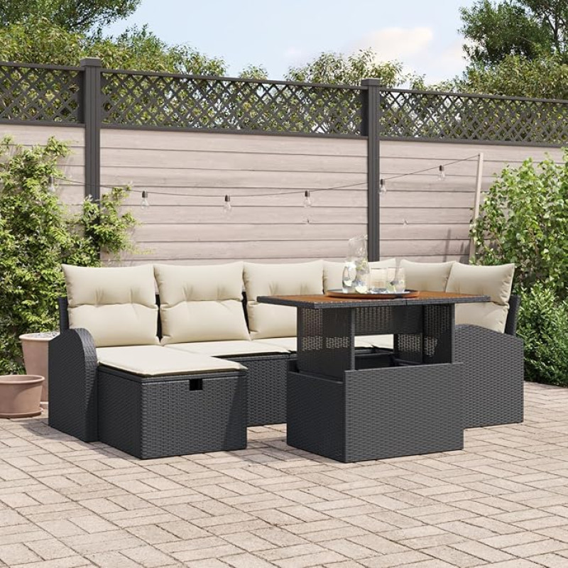 Rantry 7-teiliges Garten Sofaset mit Kissen Schwarz Poly Rattan Gartenlounge Model3359967