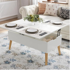 VOWNER kohvilaud reguleeritava kõrgusega, 3-in-1 multifunktsionaalne elutoa laud varjatud hoiukohaga, teisaldatav kohvilaud söögilauaks, puidust jalgadega (puidumassiiviga valge)