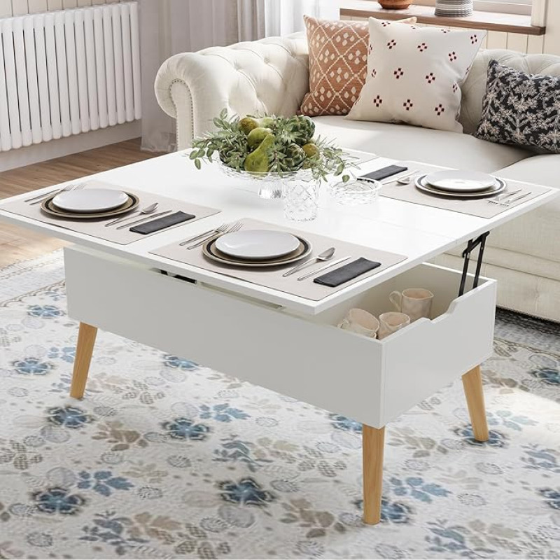 VOWNER kohvilaud reguleeritava kõrgusega, 3-in-1 multifunktsionaalne elutoa laud varjatud hoiukohaga, teisaldatav kohvilaud söögilauaks, puidust jalgadega (puidumassiiviga valge)
