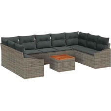 Rantry 10-teiliges Garten-Sofaset mit Kissen Grau Polyrattan Akazie Gartenlounge Model3356543