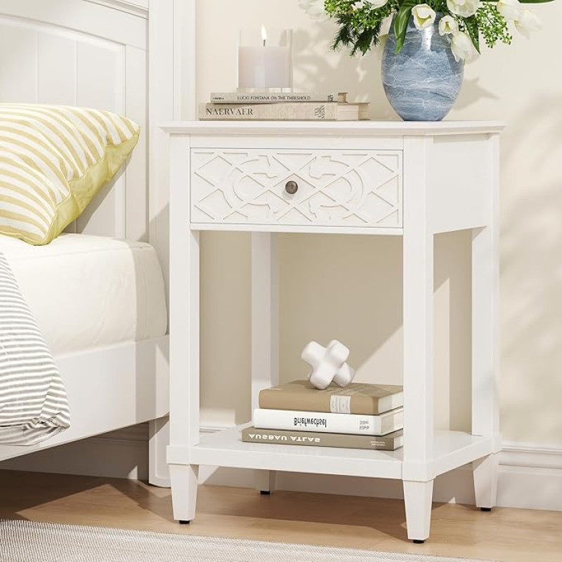 karlott Prantsuse maalähedane küljelaud puidust küljelaud võluvate nikerdatud motiividega 40cm talumajapidamises Vintage öökapita öökapita öökapita koos hoiusahtli ja avatud riiuliga