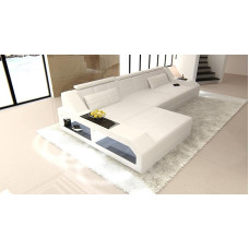 Nahast diivan Arezzo L-kujuline diivan LED-valgustusega, reguleeritavad peatuged, Chaise Longue / nahavärvid valitavad / Osman saadaval (Osman vasakule, valge)