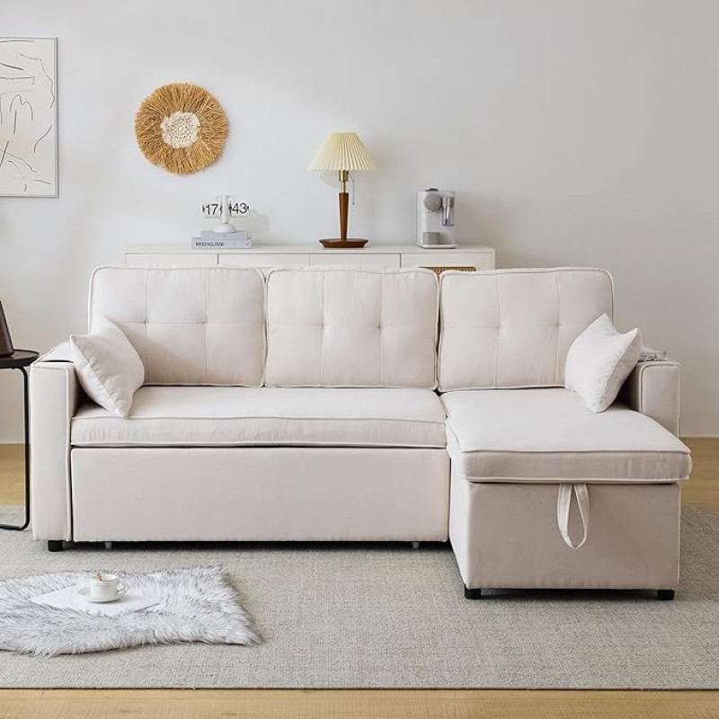 Wiuzo diivanvoodi magamisfunktsiooniga, L-kujuline diivan, polsterdatud mööbel, diivan, lamamistool hoiuruumiga, joogihoidjaga, elutoa diivanvoodi, vahetatav vasakule ja paremale, 211 x 130 x 86