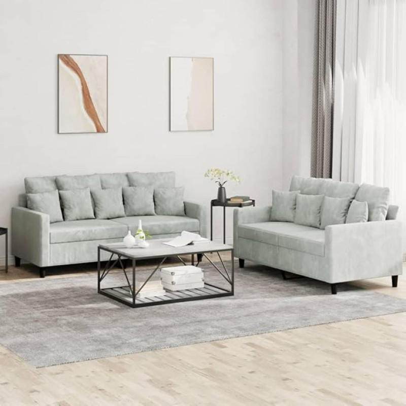 Juroupi 2-TLG. Sofagarnitur mit Kissen Sofa Wohnzimmer Sitzgruppe Wohnzimmer Sofa Set Sofas FüR Wohnzimmer Hellgrau Samt