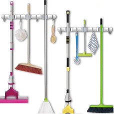 YOUTHINK Pack of 2 Broom Holder Wall Tool Holder Stainless Steel Broom Holder Mop Holder Wall Mount Broom with 4 Hooks and 3 Quick Releases for Mop, Broom and Garden Tools