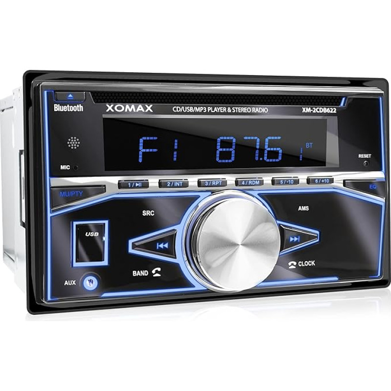 XOMAX XM-2CDB622 Car Stereo with CD-Player + Bluetooth hands-free & music streaming + USB port (plays up to 128 GB) and micro-SD-Card-slot (plays up to 128 GB) for MP3 & WMA + 7 light colours adjustable: Blue Red Green Purple Yellow White Turquoise + AUX-