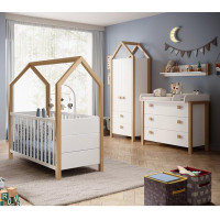 Lomadox Baby Room Set 4-Piece Baby Bed House Bed 70 x 140 cm Lying Surface Slatted Frame Changing Table Wall Shelf Partially Solid Pine White with Birch