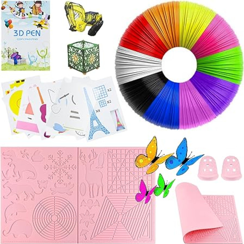 3D pliiatsi tarvikute komplekt, 3D pliiatsi šabloon, 3D pliiatsi filament PLA 10 värvi, 1,75 mm iga 5 m, suur silikoonist pad 45 x 28 cm koos 2 sõrmekaitsmega, 3D pliiats lastele ja algajatele.