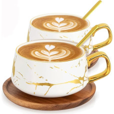 TELANKS 2 x 300 ml Cappuccino tassid koos taldriku ja lusikaga, Espressotasside komplekt, elegantsed/moodsad keraamilised kohvitassid Cappuccino, Latte, Espresso ja tee jaoks, valged
