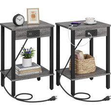 VIMBER Beistelltisch 2er Set mit Ladestation, schmaler Beistelltisch mit USB Anschlüssen und Steckdosen, Nachttisch mit 2 Ebenen Abstellregale, Sofatisch für