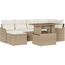 Rantry 7-teiliges Garten Sofa Set mit Kissen Beige Poly Rattan, 2-Sitzer Garten Sofa mit Kissen Beige Poly Rattan Gartenlounge Model3348497