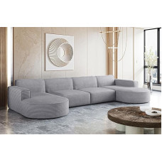 Kaiser Möbel - U-kujuline diivan - nurgadiivan Cord - 382 cm pikk, 140 cm lai - elutoa diivan eriti suur, mugav iste laineliste sulgede ja HR-vahuga - Modena diivan helehall