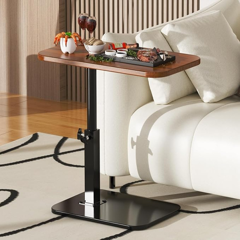 Reguleeritava kõrgusega C-kujuline laud, 360° pöörlev TV-taldrik, väike TV-taldrik diivanile, voodi kõrvale ja elutuppa, metallsambaga kohvilaud (pruun)