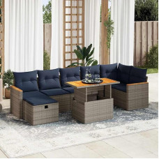8-TLG. Garten-Sofagarnitur mit Kissen Braun Poly Rattan Akazie Gartenlounge Model3328125