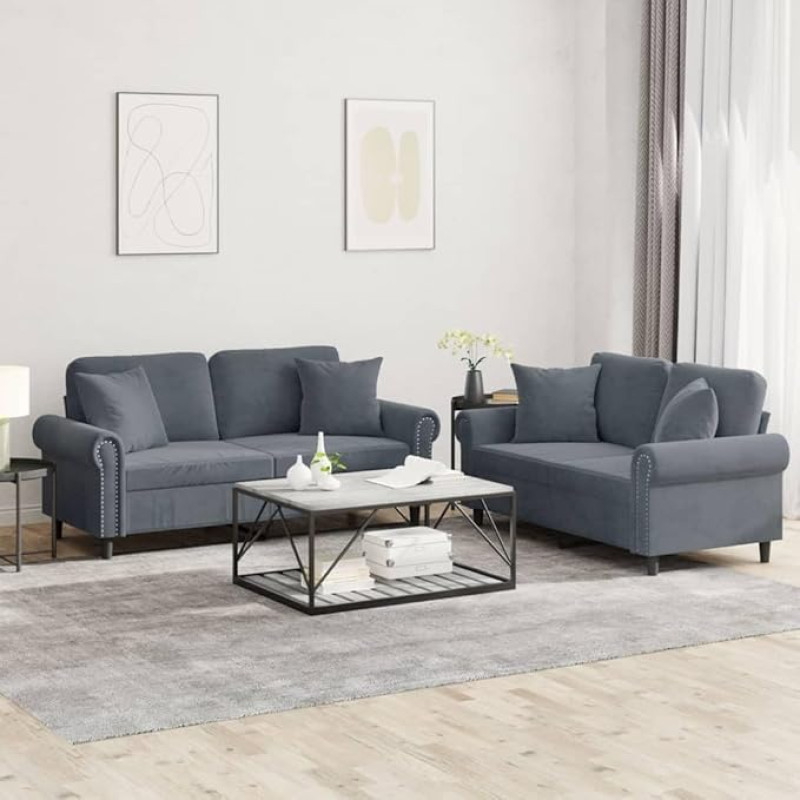 Juroupi 2-TLG. Sofagarnitur mit Kissen Diivan Wohnzimmer Sitzgruppe Wohnzimmer Sofa Set Sofas FüR Wohnzimmer Dunkelgrau Samt - 3202231