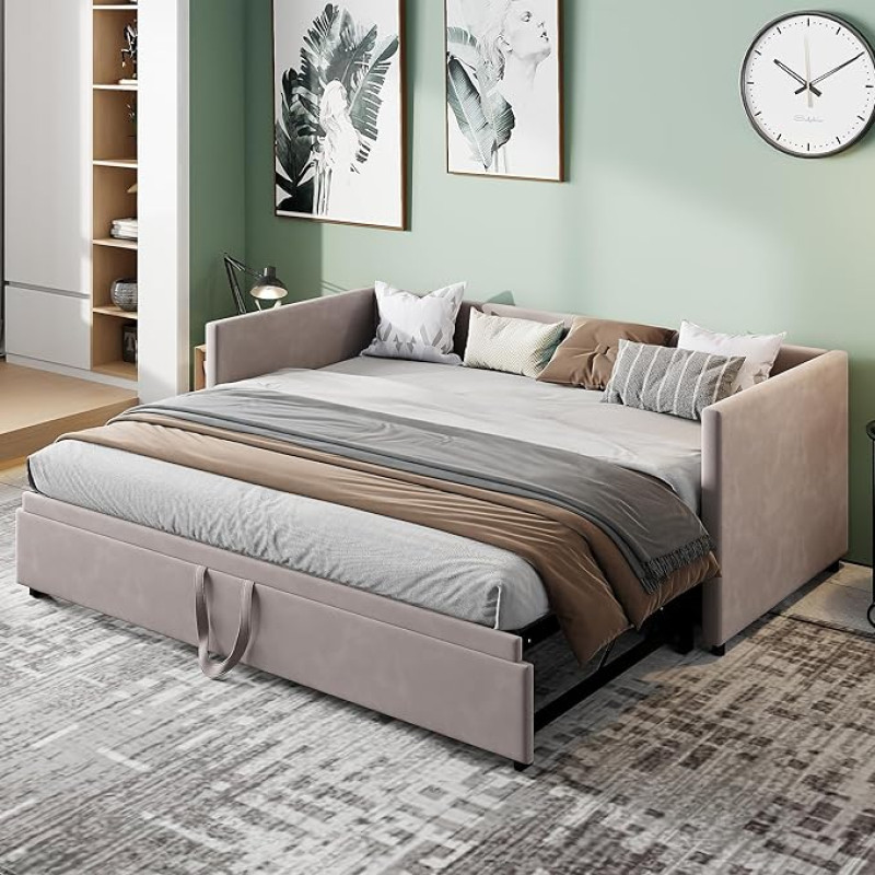 Diivanvoodi 90/180 x 200 cm lamelliraamiga, polsterdatud voodi välja tõmmatava voodiga, mitmeotstarbeline diivanvoodi, kokkupandav 2-kohaline diivan seljatoega AUD unefunktsiooniga, päevavoodi, samet, hall, ilma