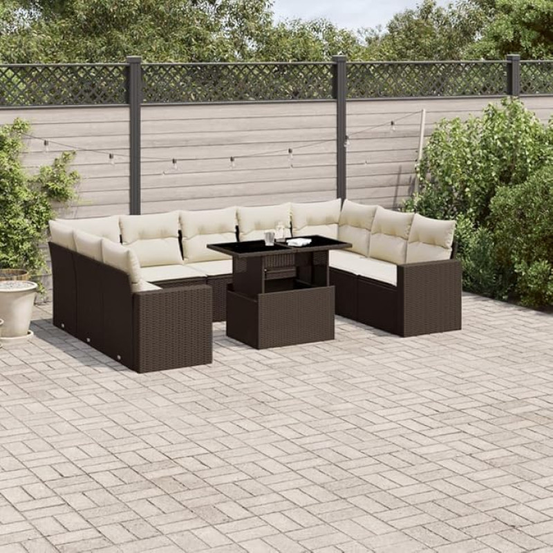 Modernes Sofaset, 10-teiliges Gartenmöbel-Set mit Kissen aus braunem Polyrattan, Schlafsofa-Set für den Außenbereich, Gartenmöbel für den Außenbereich, Möbel