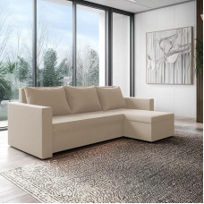 Loft Ecksofa mit Schlaffunktion und Bettkasten Stoff Komfort- Diivan L-Form 225x130x75 cm - Beige, Weicher Pluszbezug, Universell Aufbau Links/Rechts