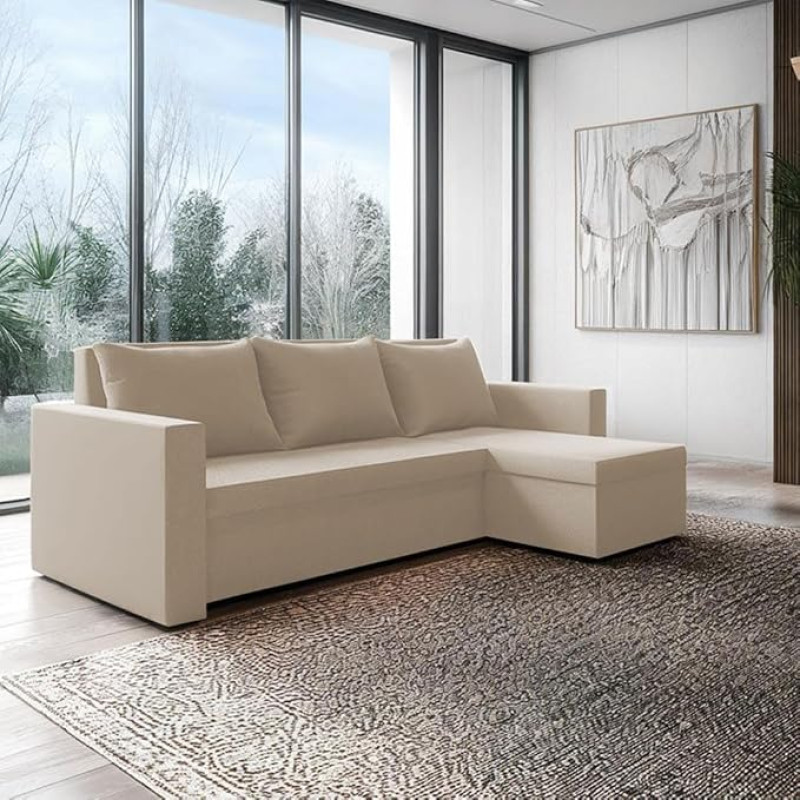 Loft Ecksofa mit Schlaffunktion und Bettkasten Stoff Komfort- Diivan L-Form 225x130x75 cm - Beige, Weicher Pluszbezug, Universell Aufbau Links/Rechts