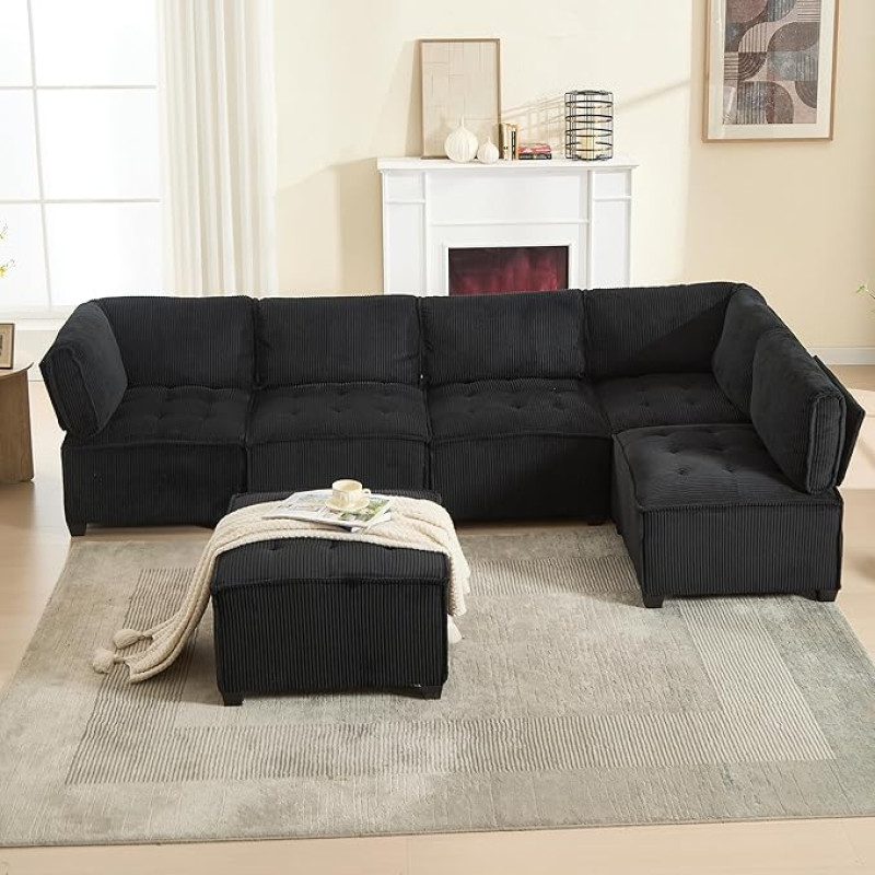 Kebnor 308 cm pikk diivan Modulaarne 6-kohaline diivan Corduroy kangast Ergonoomilised hoiutaskud Paindlik kombinatsioon U-kujul / L-kujul / diivanivoodina, tugev puidust ja metallist struktuur (must)