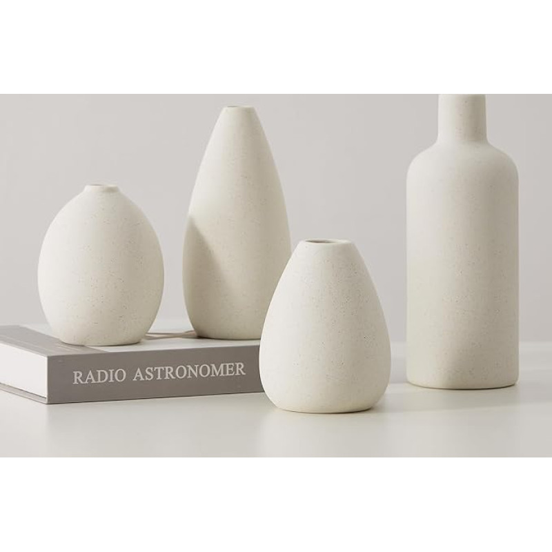 CEMABT Valge keraamiline vaas komplekt 4 väikestest vaasidest lilledele, unikaalsed lillevaasid kesktükkide jaoks, dekoratiivsed kaasaegsed vaasid kodukujundusele laua sissepääsuks (valge)