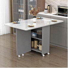 Kokkupandav kokkupandav söögilaud koos hoiuruumiga ja 6 rattaga, kokkupandav köögisaar väikestesse ruumidesse, valge ja hall, 140 x 70 cm, sobib ideaalselt söögituppa.