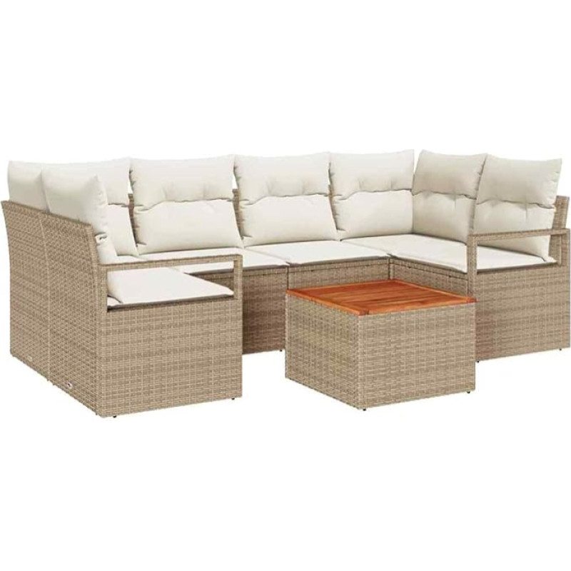Rantry 7-teiliges Garten-Sofa-Set mit Kissen Beige Poly Rattan Akazie, 2-Sitzer Garten-Sofa mit Kissen Beige Poly Rattan Gartenlounge Model3347659