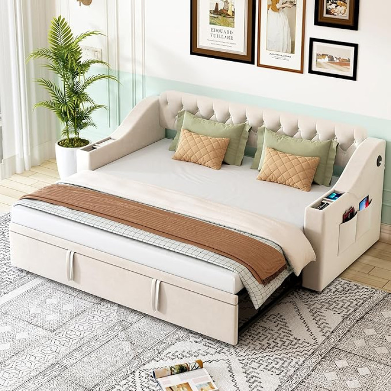 Merax pikendatav diivanvoodi 90/180 x 190 cm, 2-kohaline diivanvoodi magamisfunktsiooniga, kokkupandav diivan lamelliraamiga ja USB-laadimisport, sametkangas, beež (madrats ei kuulu komplekti)