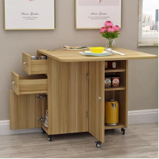 ZEQFEMKL Kokkupandav köögilaud koos hoiukambriga, kokkupandav laud köögi ja söögitoa jaoks, kaasaegne kokkupandav söögilaud ja pikendatav köögilaud 6 rattaga, pikendatav söögilaud (puit).