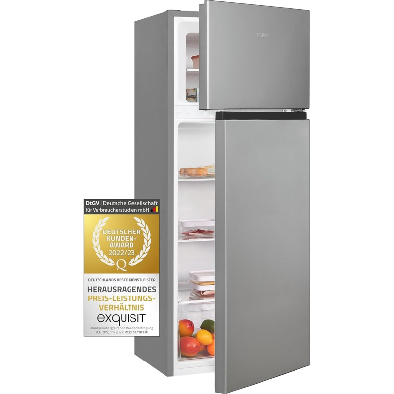 Exquisit KGC270-45-010E Fridge Freezer Combination Door Hinge Changeable Temperature Control Fridge Freezer Combination Freestanding Silver 206 L Volume