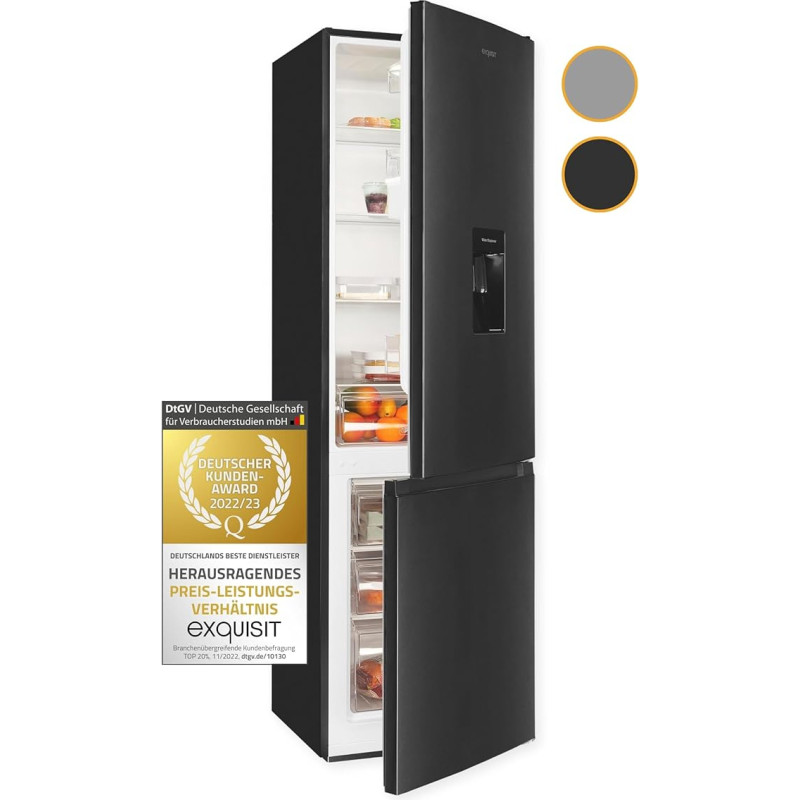 Exquisit Fridge-freezer combination KGC265-70-WS-040D inoxlook-az | 260 L volume | free-standing fridge freezer combination with water dispenser | alarm | freeze 4 stars