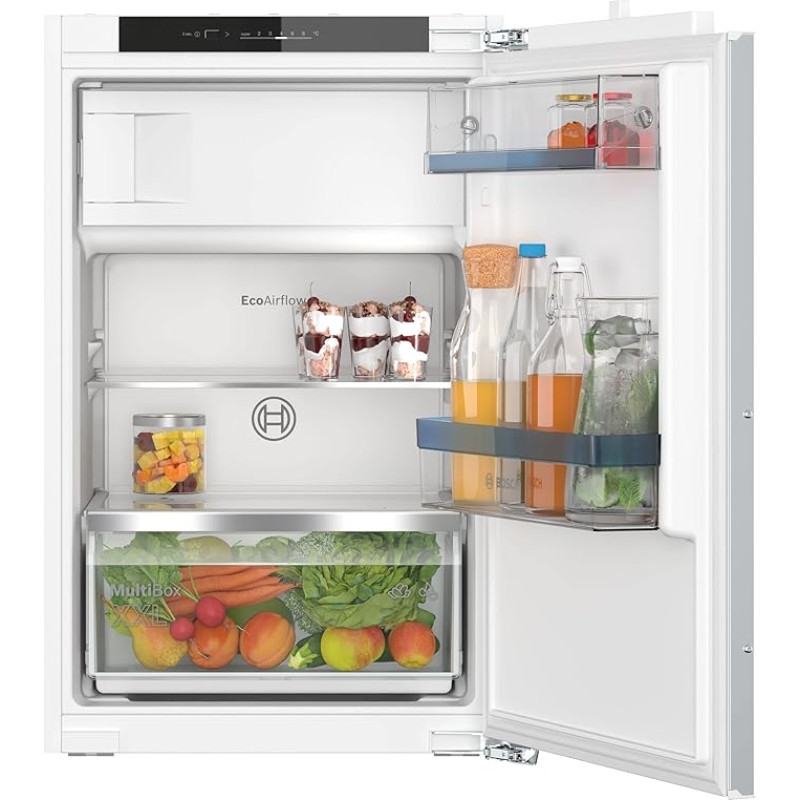 Bosch KIL22VFE0 Built-In Fridge Series 4, Integrated Fridge with Freezer Compartment 88 x 56 cm, 104 L Cooling, 15 L Freezer, Flat Hinge, MultiBox XXL, LED Lighting, EcoAirflow, SuperCooling