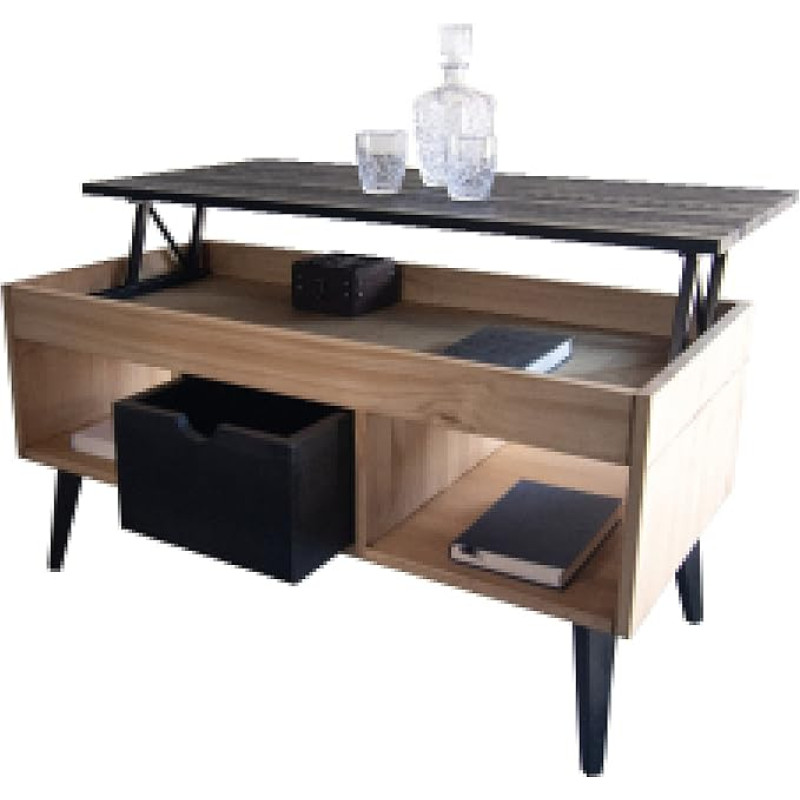 Karla kohvilaud reguleeritava kõrgusega, keskse sahtliga, naturaalsest männipuidust, musta ja puidu värvi, koonilised jalad 100 x 50 x 47 cm